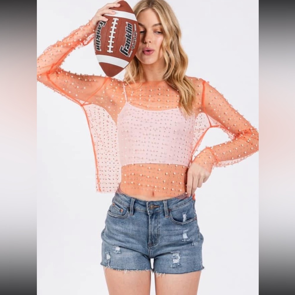 Sewn & Seen adorable Pearls and rhinestones  orange mesh top 🧡🤍🧡